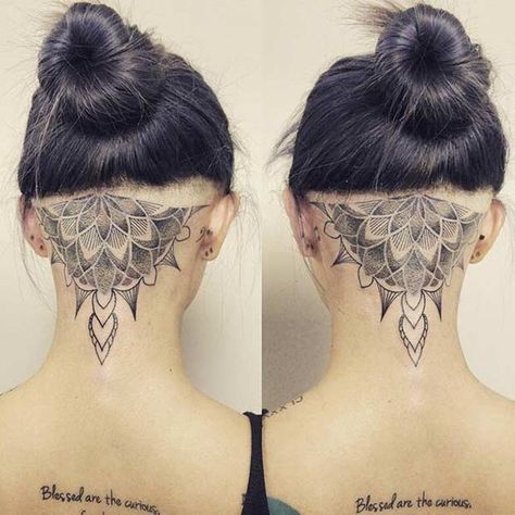 Women's Back of Head Undercut Mandala Tattoo Back Of Neck Hairline, Neck Hairline, Undercut Tattoos, Tattoo Back Of Neck, Mandala Tattoo Back, Hairline Tattoos, Nape Tattoo, Scalp Tattoo, Back Of Neck Tattoo