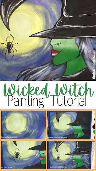 Halloween Paint Tutorial, Easy Halloween Paintings For Beginners Step By Step, Easy Step By Step Painting For Beginners, Witch Painting Ideas, Halloween Canvas Paintings, Witch Painting, Canvas Art Painting Acrylic, Black Cat Painting, Oil Painting Lessons