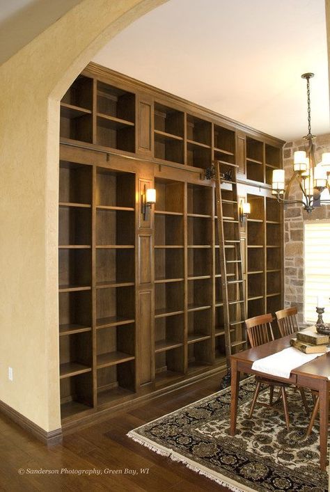 Library Sconces Bookshelves, Craftsmen Built Ins, Book Shelves For Pantry, Multiple Bookcases In Room, Library High Ceiling, Moving Ladder Bookshelves, Library Wall Lights, Full Wall Built In Bookshelves, Built In Bookshelves With Ladder