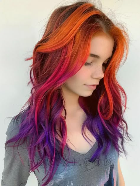 Black Red Orange Hair, Purple Red And Orange Hair, Sunset Colored Hair, Coloured Hair Styles, Red Orange Purple Hair, Purple Sunset Hair, Purple To Orange Hair, Red Pink And Purple Hair, Sunset Hair Dye