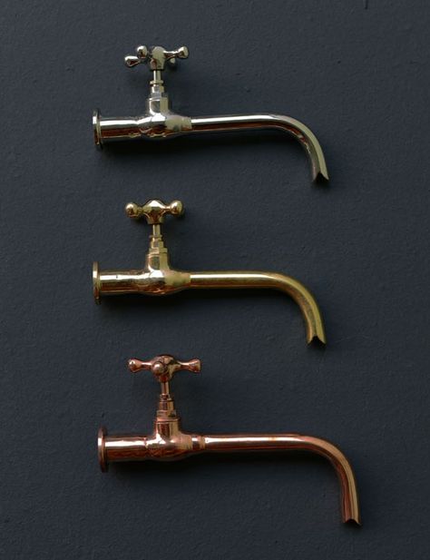 Brass Taps, Vintage Taps Bathroom, Brass Taps Bath, Industrial Faucet, Antique Brass Wall Tap, Brass Wc Tap, Craftsman Interior Design, Toilet Room Decor, Wall Taps