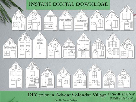 "Printable Advent Christmas Village. Black and white so that you can color in your own houses! Add an extra fun activity with your family, class and friends! Each printable house is numbered to countdown to Christmas. There are 17 small houses and 8 tall houses in total. Want a colored version instead? No problem check out this listing for the colored version: https://www.etsy.com/listing/1331421312/printable-paper-advent-houses-diy-paper You will receive: A  PDF file with all calendar houses (U Christmas Village Printable, Paper Christmas Village, Advent House, 12 Days Of Xmas, Printable Black And White, Diy Christmas Village, House Template, Holiday Party Games, Paper Christmas