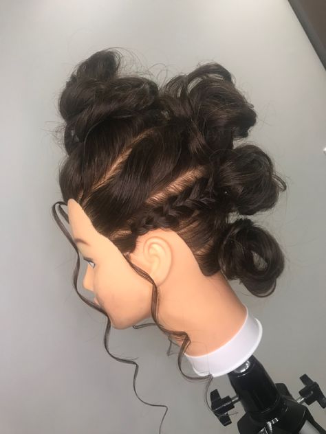 Updo Pageant Hairstyles, Creative Updo Hairstyles, Unique Prom Hairstyles Updo, Curly Hair Special Occasion Styles, Unique Updos For Long Hair, Interesting Updos, Unique Updo Hairstyles, Hairstyles For Mannequin Heads, Cosmology School