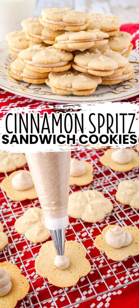 Filled Spritz Cookies, Spritz Sandwich Cookies, Sourdough Spritz Cookies, Cinnamon Spritz Cookies, Italian Sandwich Cookies, Eggnog Spritz Cookies, Sandwich Cookie Filling Recipe, Cookie Sandwich Frosting, Christmas Sandwich Cookies