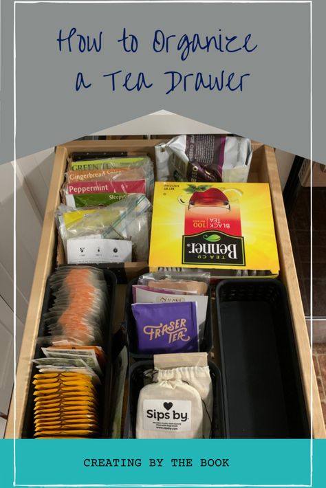 How to Organize a Tea Drawer – Creating By The Book Drawer Organization Aesthetic, Tea Cabinet Organization, Coffee Tea Drawer, Tea Drawer Organizer, Tea Drawer Organization, Drawer Kitchen Organization, Beverage Drawer, Tea Storage Ideas, Apartment Kitchen Organization Ideas