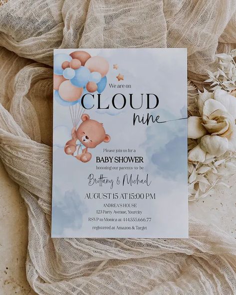 Celebrate with our charming 'We Can Bearly Wait' baby shower invitation featuring adorable bear balloons, perfect for a boho-themed event for a little baby boy. Easily editable for any occasion, ensuring a seamless fit to your celebration and a touch of personalized charm. Balloon Cloud, Teddy Bear Baby Shower Invitations, Bear Balloon, Balloon Clouds, We Can Bearly Wait, Bearly Wait, Teddy Bear Baby Shower, Printable Baby Shower Invitations, Baby Shower Invite