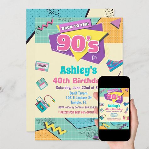 90s Birthday Invitation, 90s Birthday, 90th Birthday Invitations, Back To The 90s, 90s Design, 90's Birthday Party, 90th Birthday, The 90s, 40th Birthday