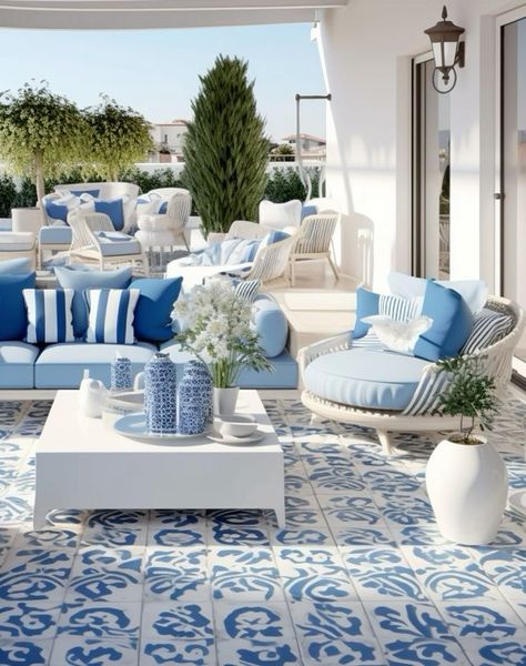 Greek Patio, Arabian Garden, Blue Patio Decor, Bp House, Small Patio Spaces, Fancy Bedroom, Greek Decor, Blue Patio, Wooden Sofa Set Designs