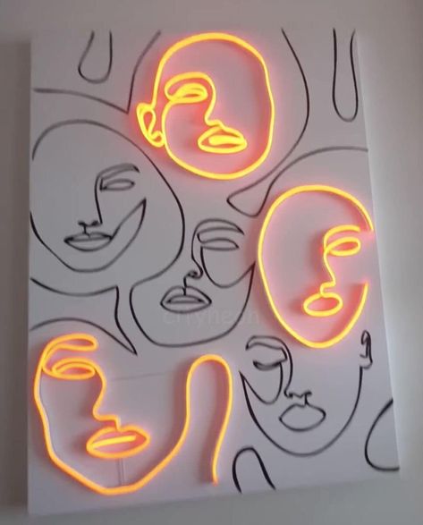 Neon Wall Painting, Line Faces, Faces Art, Neon Sign Art, Neon Wall Art, Led Wall Art, Light Wall Art, Neon Painting, Tableau Art