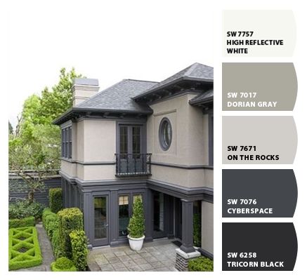 Paint colors from ColorSnap by Sherwin-Williams Modern Exterior Paint Colors, Exterior Gray Paint, Stucco Colors, Exterior House Colors Stucco, Best Exterior Paint, Dark Trim, House Paint Color Combination, Color Combinations Paint, Exterior House Color