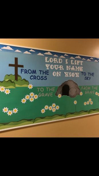 Pin on Church bulletin boards Resurrection Bulletin Board Ideas, Easter Sunday School Bulletin Board, Lent Display, Lent Bulletin Board Ideas, Easter Bulletin Boards For Church, Spring Bulletin Boards For Church, Christian Easter Bulletin Board Ideas, Easter Church Bulletin Boards, Easter Boards