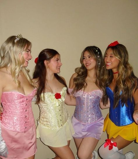 #coupleshalloweencostumeideas #halloween #costume #couplescostume #angelandstitch Group Of 4 Halloween Costumes Princess, Halloween Ideas For 4 Friends, Disney Princess Outfits Aesthetic, 4 Halloween Costumes Group, Carnival Aesthetic Outfit, Disney Princesses Halloween Costumes, Hot Group Halloween Costumes, Carnival Costumes Ideas, Princesses Costume