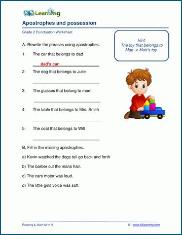 Grade 2 grammar worksheets on possessive nouns. Students practice writing and insert the missing apostrophes in these possessive nouns worksheets. Free and printable worksheets from K5 Learning; no login required. Simple Past Tense Worksheet, Nouns Exercises, Past Tense Worksheet, Punctuation Worksheets, Teaching Math Strategies, Possessive Nouns, English Grammar For Kids, Reading Comprehension Kindergarten, Grammar For Kids