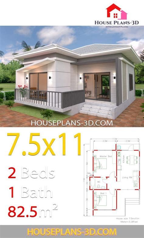 Simple House Plans 6x7 With 2 Bedrooms Hip Roof - House Efficient House Plans, Hip Roof House Plans, Simple Bungalow House Designs, House Plans 3d, Gable Roof House, House Design Plans, Flat Roof House, Modern Small House Design, Small House Floor Plans