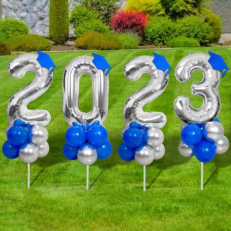 PRICES MAY VARY. ✔️【GRADUATION YARD SIGN】Our blue and silver graduation yard sign kit includes 40" 2023 balloons, 25pcs 12" blue latex balloons, 20pcs 12" silver latex balloons, 8pcs black 260Q balloons, 4pcs cap cards, 4pcs yard stakes, blue satin ribbon and glue dots. The quantity is great enough for you to complete 4pcs graduation balloon yard signs, shine your party yard and create more fun. ✔️【UNIQUE YARD DECOR】Compared with other yard signs, our 2023 graduation yard sign uses foil balloons Unc Graduation Party, Blue Theme Graduation Party, Navy Blue And Silver Graduation Party Decorations, Blue White Silver Graduation Decor, Graduation Party Yard Signs, Grad Party Centerpieces, Graduation Party Banners, Graduation Yard Signs, Graduation Backdrop