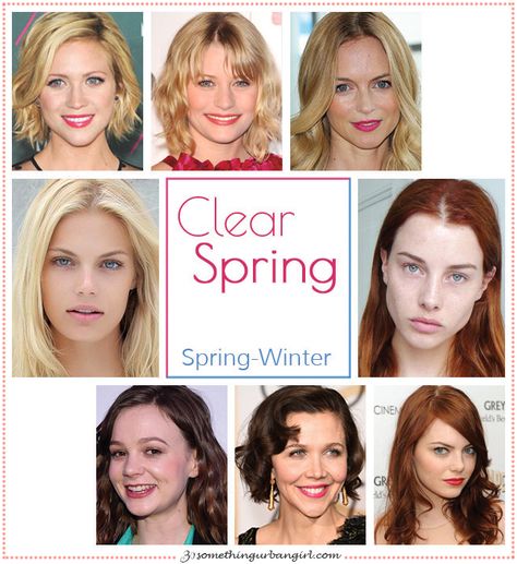 Clear Spring, Spring-Winter seasonal color celebrities by 30somethingurbangirl.com Clear Spring Palette, Light Spring Color Palette, Spring Skin, Warm Hair Color, Light Spring Colors, True Spring, Clear Spring, Spring Color Palette, Seasonal Color Analysis