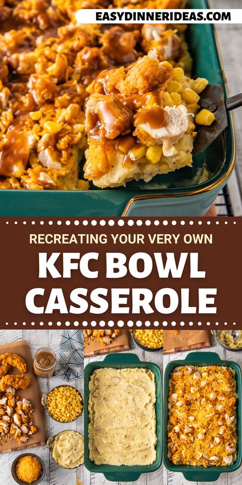 Kfc Bowl Casserole, Kfc Bowls, Kfc Mashed Potatoes, Popcorn Chicken Recipe, Chicken Mashed Potatoes, Chicken Bowl Recipe, Chicken Shed, Corn Cheese, Kfc Chicken