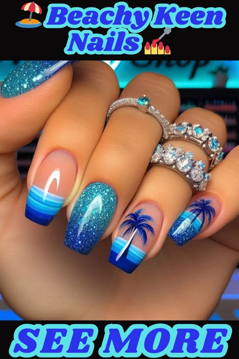 These ocean-inspired nails are perfect for summer!   ☀️ Get more simple nail design ideas at www.hauserinfo.com! ,nailart,nails,naildesigns,nailinspo,manicure,beauty,fashion,style,gelnails ,acrylic nails,nail art designs,geometricnails,floralnails,frenchmanicure,ombrénails ,marblenails,summernails,winternails,holidaynails,weddingnails,valentinesnails ,rednails,pinknails,bluenails,nudenails,blacknails,springnails Gel Nails For Cruise, Bahama Cruise Nails, Nail Art Designs Tropical, Cruise Gel Nail Ideas, Nail Art Designs Vacation, Coral Reef Nail Art, Nail Art For Beach Vacation, Coral And Navy Nails, Vacation Cruise Nails