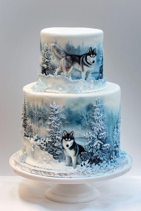 Siberian Husky Birthday Cake Ideas That Will Wow You Husky Birthday Cake, Husky Cake, Husky Howling, Dog Cake Design, Winter Birthday Cake, Husky Birthday, Wolf Cake, Winter Horse, Horse Cake