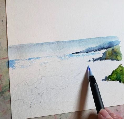 Brush Pen Drawing, Landscape Art Lessons, Watercolor Brush Pens, Loose Watercolor Paintings, Watercolor Pencil Art, Water Brush Pen, Brush Pen Art, Paintings Tutorials, Learn Watercolor Painting