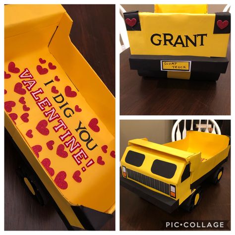 Construction dump truck Valentine’s Box! #2019 #valentinesbox #dumptruck Grant’s dad is awesome! Dump Truck Valentine Box Ideas, Excavator Valentines Boxes, Construction Valentine Box Ideas, Car Valentine Box Ideas, Truck Valentines Boxes, Monster Truck Valentine Box, Daycare Treats, Unique Valentine Box Ideas, Truck Party Decorations