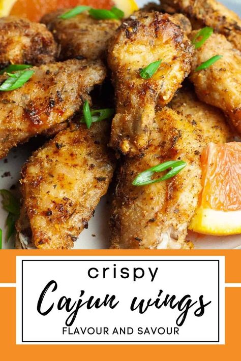 Image with text for Crispy Cajun Wings. Cajun Wings Recipe, Juicy Chicken Wings, Cajun Wings, Balanced Dinner, Crispy Wings, Fried Chicken Wings, Wings Recipe, Canadian Food, Easy Air Fryer