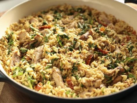 One Pot Chicken Orzo Valerie Bertinelli, Food Dolls One Pot Chicken And Orzo, One Pot Chicken And Orzo, Chicken And Orzo, Arugula Recipes, Chicken Orzo, Seasoned Chicken, Valerie Bertinelli, One Pot Chicken