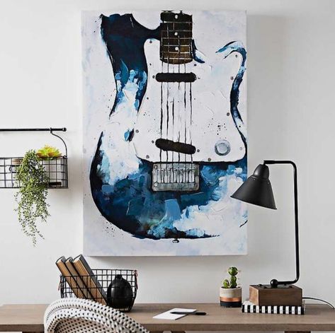 Guitar Art Painting, Arte Jazz, Blue Electric Guitar, Guitar Drawing, Guitar Wall Art, Blue Electric, Guitar Painting, Music Painting, Guitar Art