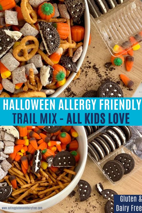 Allergy Free Halloween Treats, Dairy Free Halloween Treats, Halloween Trail Mix Recipe, Homemade Puppy Chow, Dairy Free Halloween, Halloween Trail Mix, Allergy Friendly Halloween, Gluten Free Halloween Treats, Halloween Snack Mix