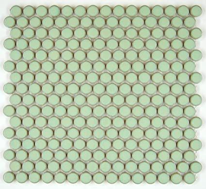 Vogue Tile Penny Round Vintage Green Glossy Porcelain Mosaic for Bathroom Floors and Walls, Kitchen Backsplashes, Pool Tile - - Amazon.com Penny Round Tile, Green Mosaic Tile, Tile Bathrooms, Backsplash Diy, Bar Tile, Mosaic Pool Tile, Penny Round Mosaic, Diy Kitchen Backsplash, Penny Round Tiles