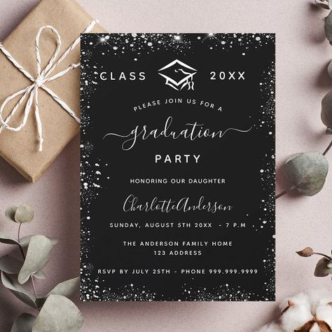 $2.8 - Graduation black silver glitte glamorous - graduation party, graduate, black, silver, glitter sparkles, high school university college, modern elegant, class of 2023, class of 2024, black and silver Graduation Invitation Design, Graduation Invitation Cards, Grad Party Invitations, Graduation Templates, Silver Invitation, Graduation Party Planning, Graduation Party Themes, Graduation Invitations Template, Black Invitation