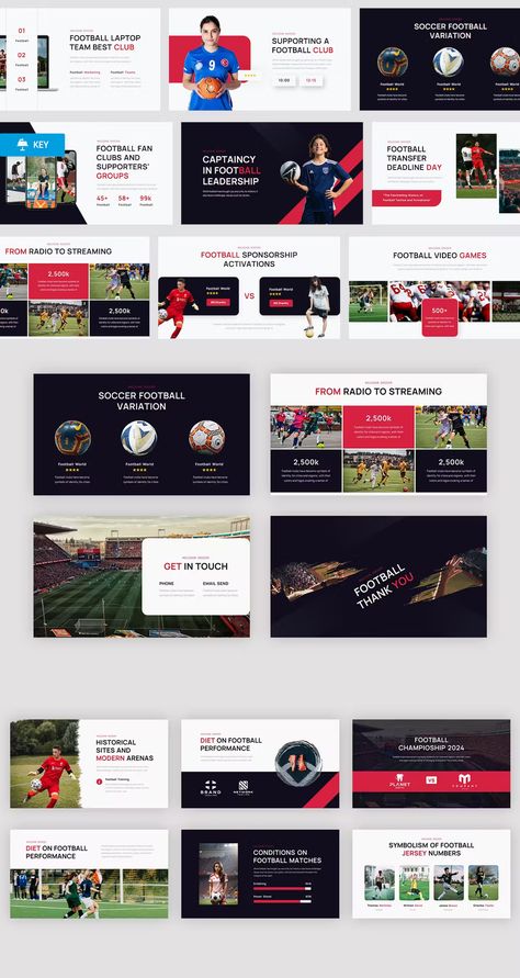 Soccer & Football Sports Keynote Presentation Template - Total Slides: 22 Slides Sports Presentation Design, Soccer Moodboard, Football Presentation, Sports Presentation, Presentation Deck, Slide Deck, Marketing Presentation, Deck Template, Inspiration Board Design