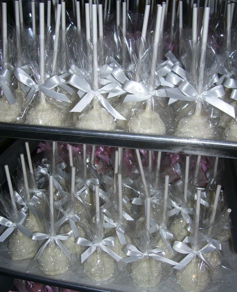 Beautiful Wedding Cake Pops wrapped and tied with White Satin Ribbons Visit Marie Grahams on Etsy.com Cake Pops Wrapped, Truffle Pops, White Cake Pops, Beautiful Wedding Cake, Wedding Cake Pops, Silver Cake, Lollipop Sticks, Wedding Order, Satin Ribbons