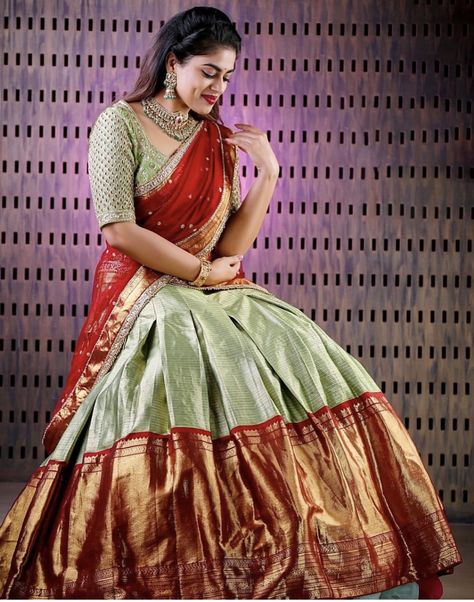 Kanchi pattu lehenga in beautiful color combination by Mugdha’s Lehenga Pattu, Pattu Lehenga Half Saree, Silk Lehangas, Saree Photography, Simple Anarkali, Langa Blouse, Saree Function, Pattu Langa, Half Saree Function