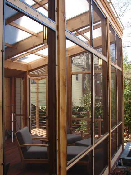 Screened in porch with plexiglass roof/ Google image Japanese Bohemian, Exterior Bungalow, Clear Roof Panels, Landscaping Architecture, Patio Oasis, Screen Porches, Screened Porches, Screened Porch Designs, Wood Porch