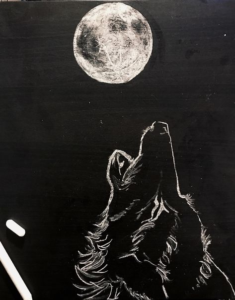 Chalk drawing of a wolf howling at full moon 🐺 #art #chalkart #wolfdrawing #moondrawing #fullmoon #wolfandmoon #wolf Moon Chalkboard Art, Wolf Moon Drawing, Wolf And Moon Painting, Wolf And Moon Drawing, Wolf Painting Acrylic Easy, Wolf Howling Drawing, Wolf Moon Art, Drawing Of A Wolf, Painting Idea For Beginners