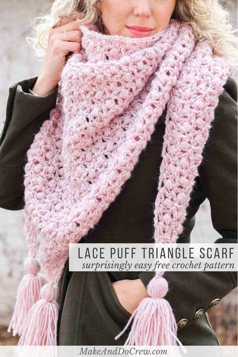 Easy Puff & Lace Crochet Triangle Scarf (or Shawl!) - free pattern #makeanddocrew #freecrochetpattern #crochetscarfpattern Crochet Blanket Scarf, Triangle Scarf Crochet Pattern, Crochet Triangle Scarf, Crochet Scarf Patterns, Crochet Cowls, Summer Shawl, Crochet Shawl Pattern Free, Crochet Scarfs, Crochet Triangle