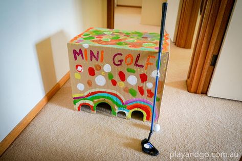 Cardboard Mini Golf, Cardboard Golf Cart, Cardboard Box Games, Golf Crafts For Kids, Mini Golf At Home, Golf At Home, Summer Alphabet, Big Cardboard Boxes, Golf Crafts