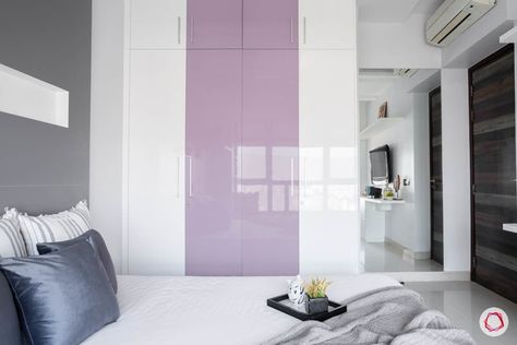 DB Woods 3BHK in Mumbai: Home Interior Design You Will Love Purple Cupboard Bedroom, Purple Wardrobe Design, Purple Wardrobe Bedroom, Wadroob Design Bedroom Indian, Wardrobe Color Ideas Bedroom, Purple Wardrobe, Mumbai House, Wardrobe Shutter Design, Wardrobe Laminate