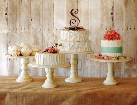 How to Display Multiple Wedding Cakes Multiple Wedding Cakes, Rustic Pedestal, Rustic Wedding Cake Stand, Antique Cake Stands, Rustic Cake Stands, Wedding Cake Display, Wedding Flower Guide, Cake Stand Set, Vintage Cake Stands