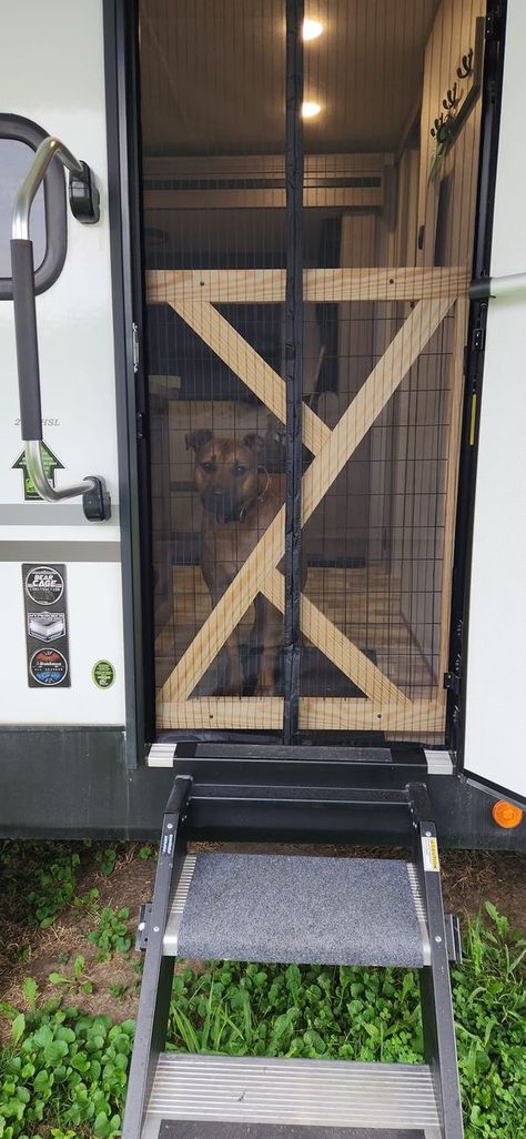 RV Storage, Space and Organizing Ideas | Didn't care for the standard rv screen door so I did a magnetic closure and made a dog gate. | Facebook Camper Screen Door Ideas, Stationary Camper Living, Rv Screen Door, Mesh Screen Door, Camper Trailer Remodel, Diy Rv, Van Build, Rv Storage, Safety Gate