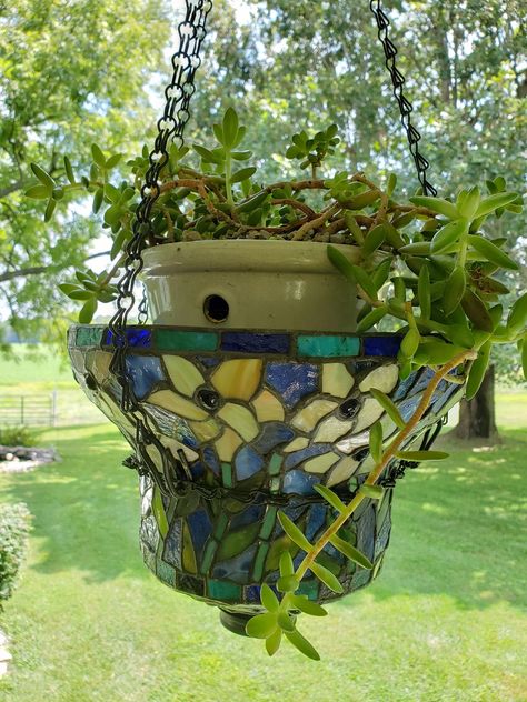 Tiffany Lamp Shade Repurpose, Upcycle Lamps, Lamp Repurpose, Upcycle Lamp, Gardening Design Diy, Tiffany Lamp Shade, Plant Hanging, Topiary Garden, Gardening Design