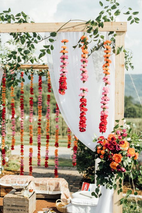 Marigold Indian Wedding, Wedding Aisle Wildflowers, Blended Wedding Ideas, Hanging Floral Garland, Indian Inspired Wedding, Sangeet Ideas, Sangeet Decoration, Blended Wedding, Wedding Design Board