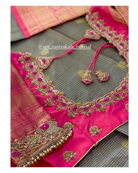 Tissue Blouse Maggam Work Designs, Knot Work Embroidery Blouse, Cutwork Maggam Work Blouses, Only Thread Work Blouse Designs, Cut Work Blouse Designs, Apr Vastrakala, Pink Blouses, Cut Work Blouse, Pink Blouse Designs