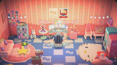 Acnh Gamer Room Ideas, Acnh Kidcore Living Room, Acnh Hellokitty Room, Acnh Streamer Room, Acnh Cute Living Room, Acnh Game Room Ideas, Acnh Gaming Room Ideas, Acnh Gamer Room, Animal Crossing Gaming Room