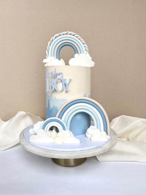 Gender Reveal Cake Rainbow, Pastel Blue Birthday Decorations, Rainbow Baby Shower Ideas For Boys, Blue Rainbow Baby Shower Ideas, Rainbow Cake For Boys, Boy Rainbow Baby Shower Ideas, Blue Boho Cake, Sky Theme Cake, 1 Year Baby Boy Birthday Cake Ideas