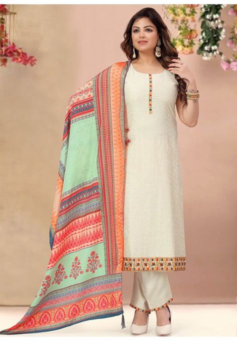 Off White Chanderi Readymade Pant Kameez Off White Dupatta, White Dupatta, Readymade Salwar Kameez, Chanderi Dupatta, Fancy Suit, Salwar Kameez Designs, Pant Suit, Anarkali Suits, Day Work