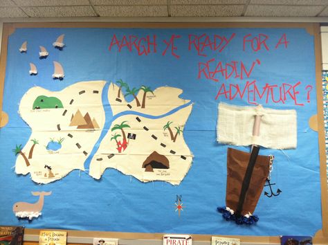 pirate bulletin board to encourage reading in school library Adventure Bulletin Board Ideas, Sailing Classroom Theme, Pirate Bulletin Board Ideas, Sailing Bulletin Board, Adventure Bulletin Board, Mermaid Desk, Pirate Bulletin Boards, Pirates School Theme, Library Doors