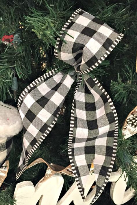 Buffalo Check Ribbon Ideas - Trendy Tree Blog| Holiday Decor Inspiration | Wreath Tutorials|Holiday Decorations| Mesh & Ribbons Buffalo Plaid Christmas Decor, Ribbon Ideas, Black And White Christmas, Plaid Christmas Decor, Buffalo Check Christmas, Christmas Tree Bows, Farmhouse Christmas Tree, Black Christmas Trees, White Christmas Trees