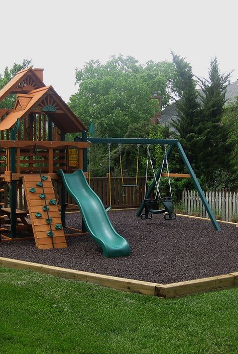 Diy Outdoor Play Area, Outdoor Play Area Ideas, Diy Outdoor Play, Playset Landscaping, Play Area Ideas, Playground Rubber Mulch, Playground Mulch, Dog Friendly Backyard, Outdoor Kids Play Area